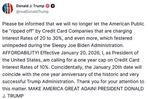 트럼프, 신용카드 이자 1년간 최대 10% 제한…은행주 주가↓